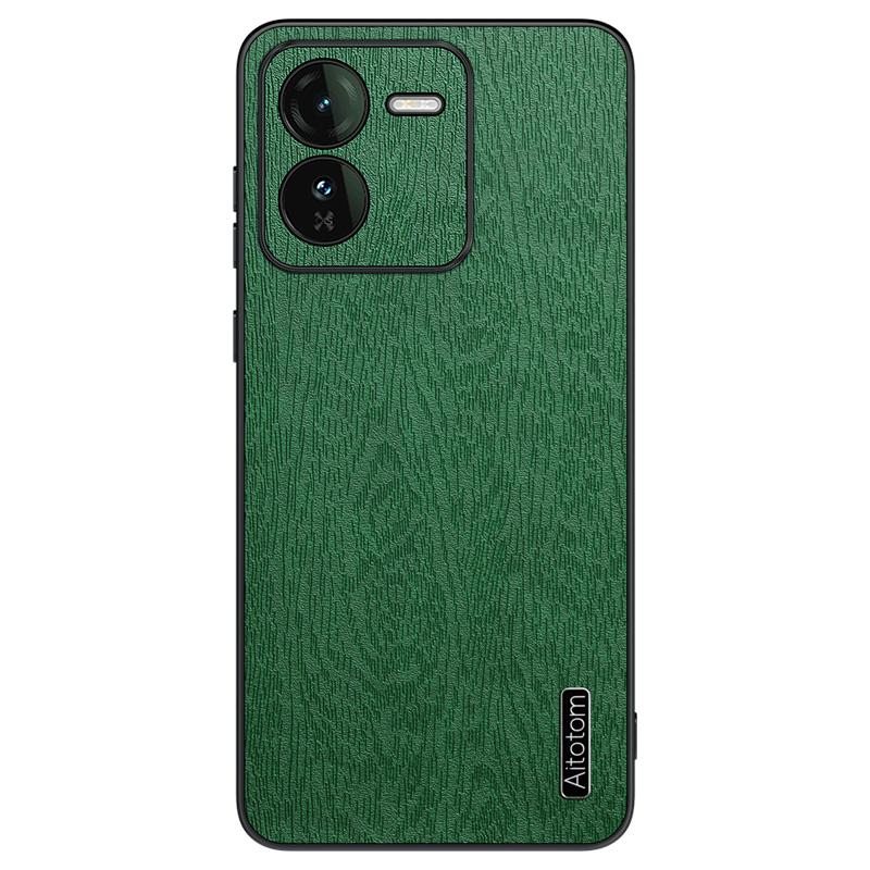 For vivo iQOO Z9 5G Case Wood Texture Leather Coating PC+TPU Bump Proof Phone Shell