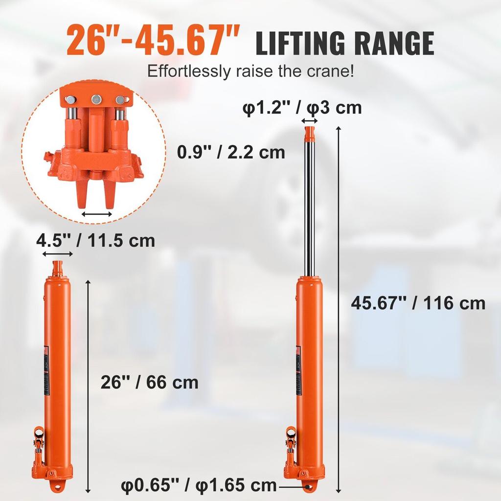 Hydraulic Long Ram Jack, 8 Ton Engine Hoist Cylinder with Double Piston Pump And Clevis Base, Hydraulic Ram Cylinder for Engine Lift Hoists, Hydraulic