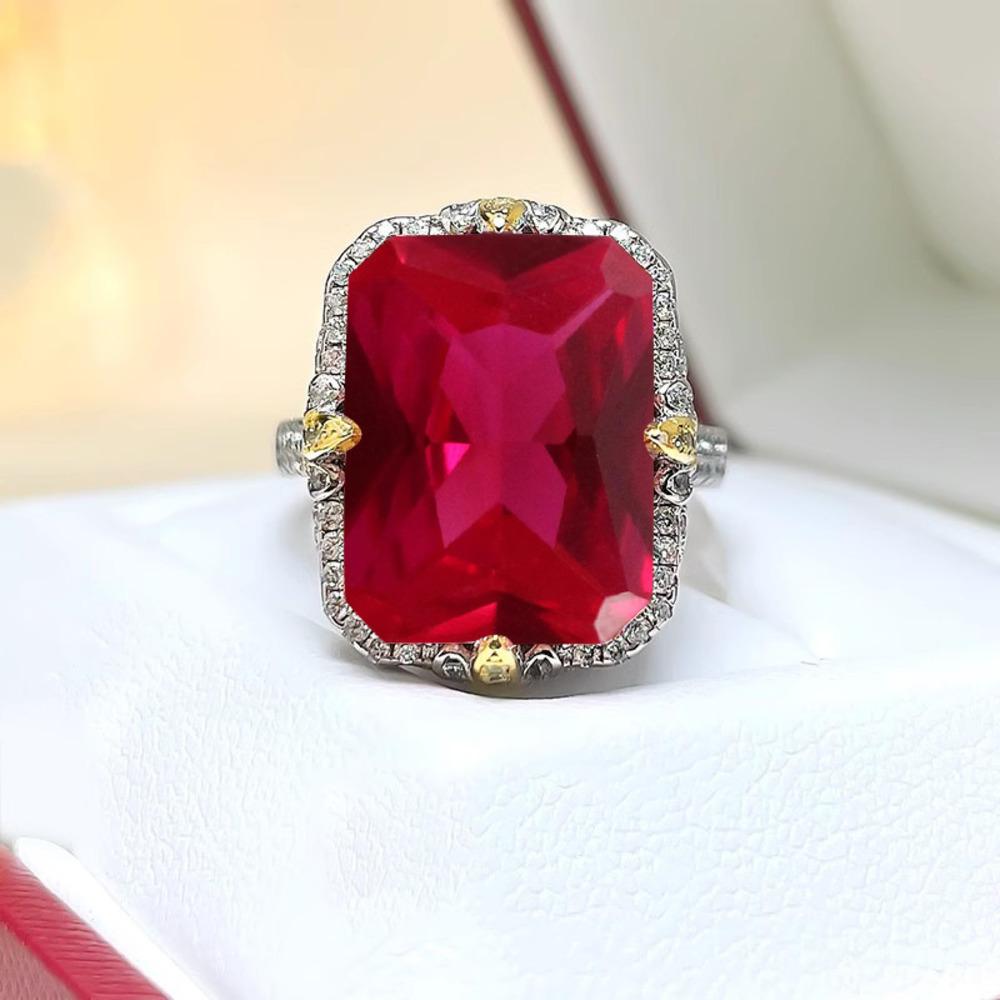 Wosikate Luxury Exaggerated 14 Carat 5A Red Corundum High Carbon Diamond Wedding Ring For Women Wedding Jewelry Double Gold Ring