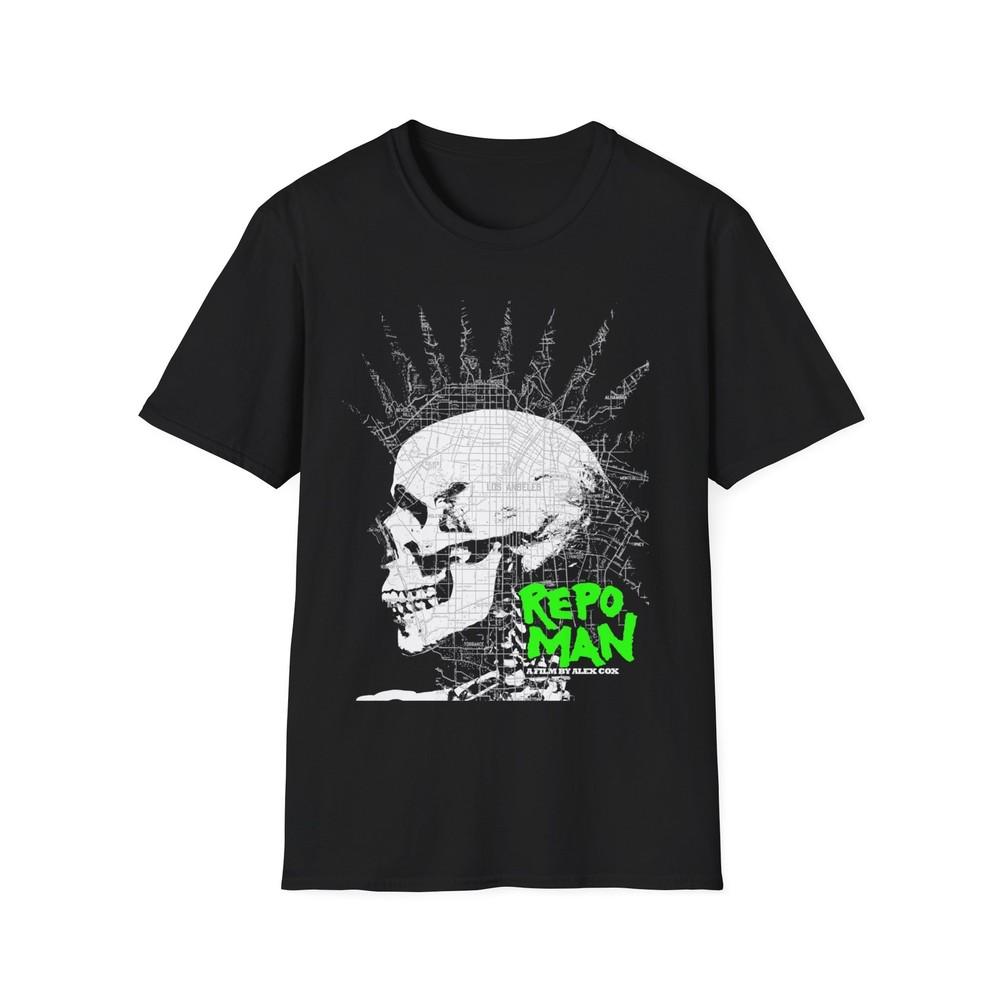 

repo man skull punk in black and white with green letters tshirt 4XL