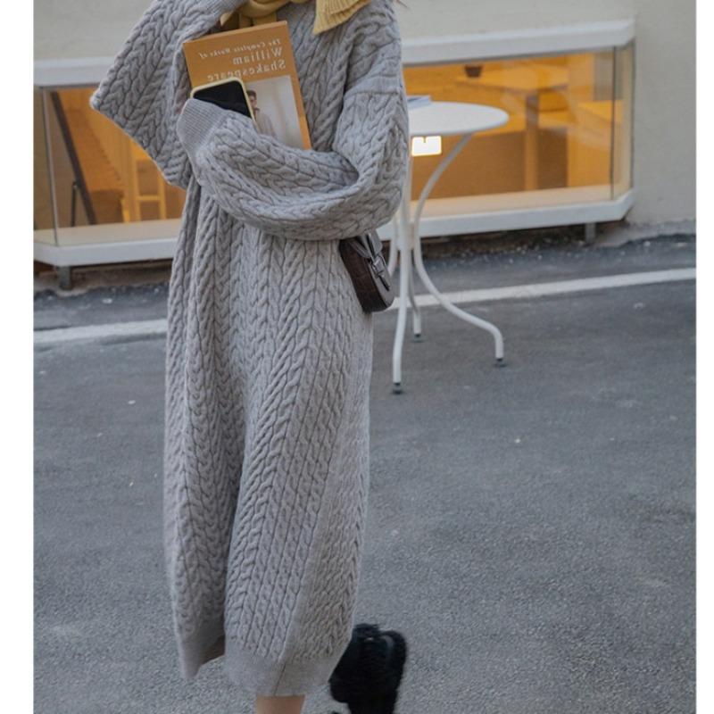 Autumn Lazy V-neck Twist Sweater Long Loose Over Knee Knitted Bottom Shirt Wear Dress