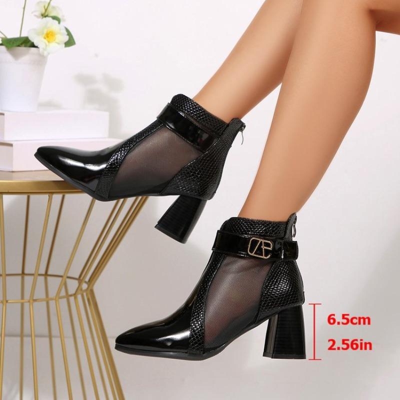 Fashion Women Sandals New Summer Sexy Mesh Ankle Boots Pointed Toes High Heels Shoes Ladies Short Boots Chunky Heels Spring Zipper Shoes