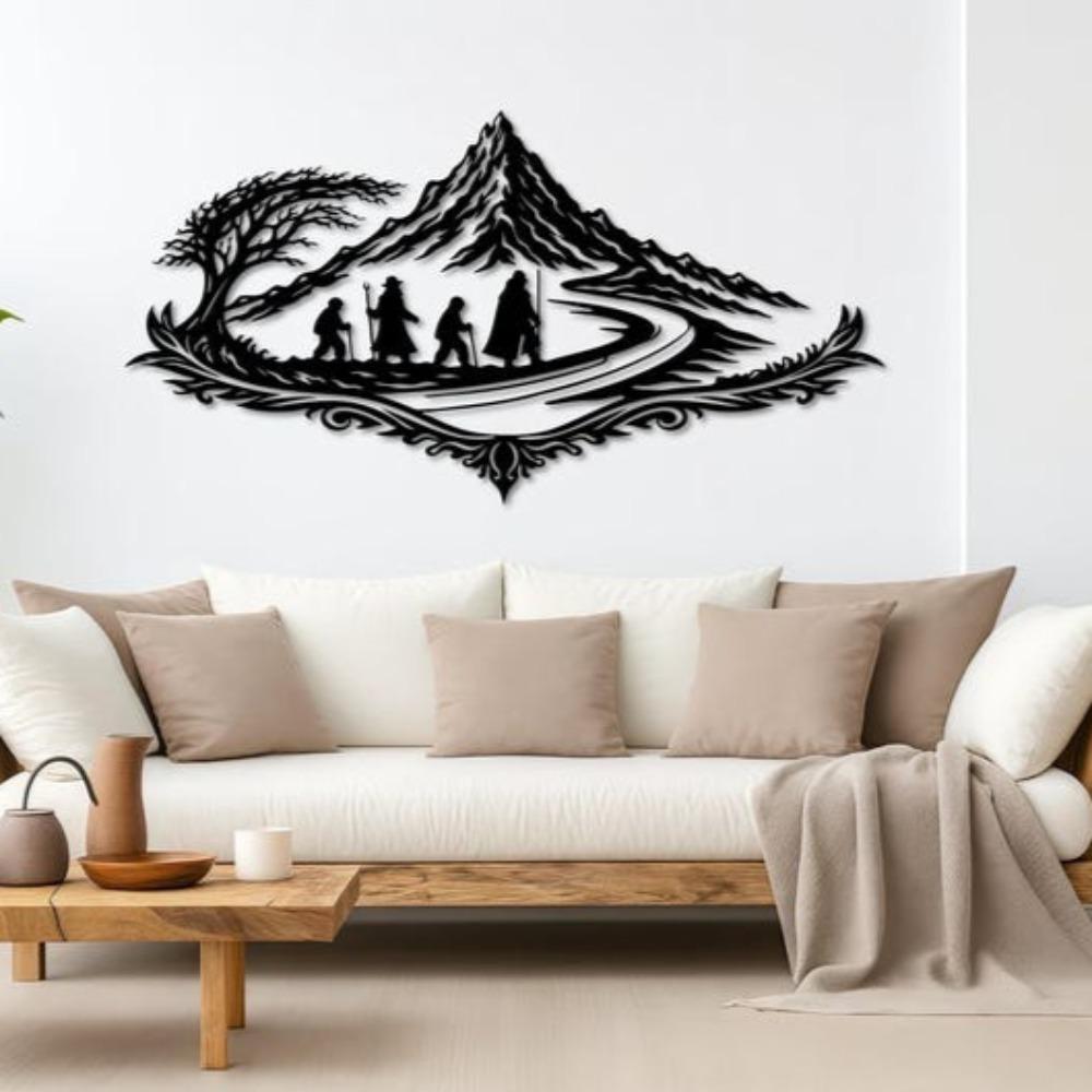 Metall-Wandkunst, Abenteuer-Bergpfad-Dekor, Fantasy-Silhouette, Hütte Mannhöhle Heimdekoration