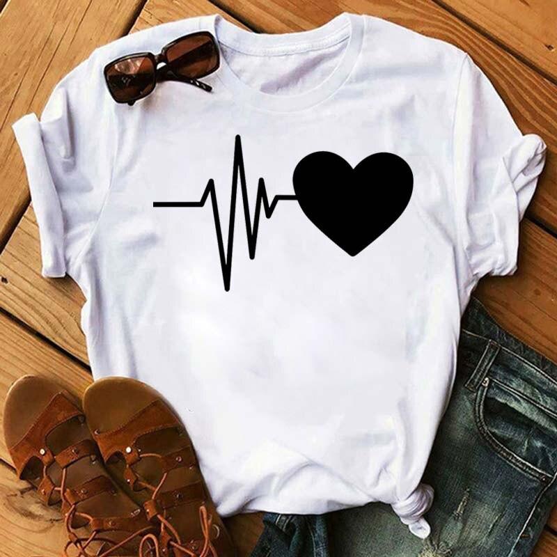 Graphic T-Shirt Women Clothing Harajuku Heart Print Aesthetic Basic O-Neck Tops Casual Tshirt Tee Fashion Roupas Femininas