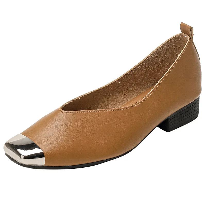 

Женские туфли Новые туфли с квадратной металлической головкой Женские туфли на плоской подошве из натуральной кожи Zapatos Mujer 40 коричневый