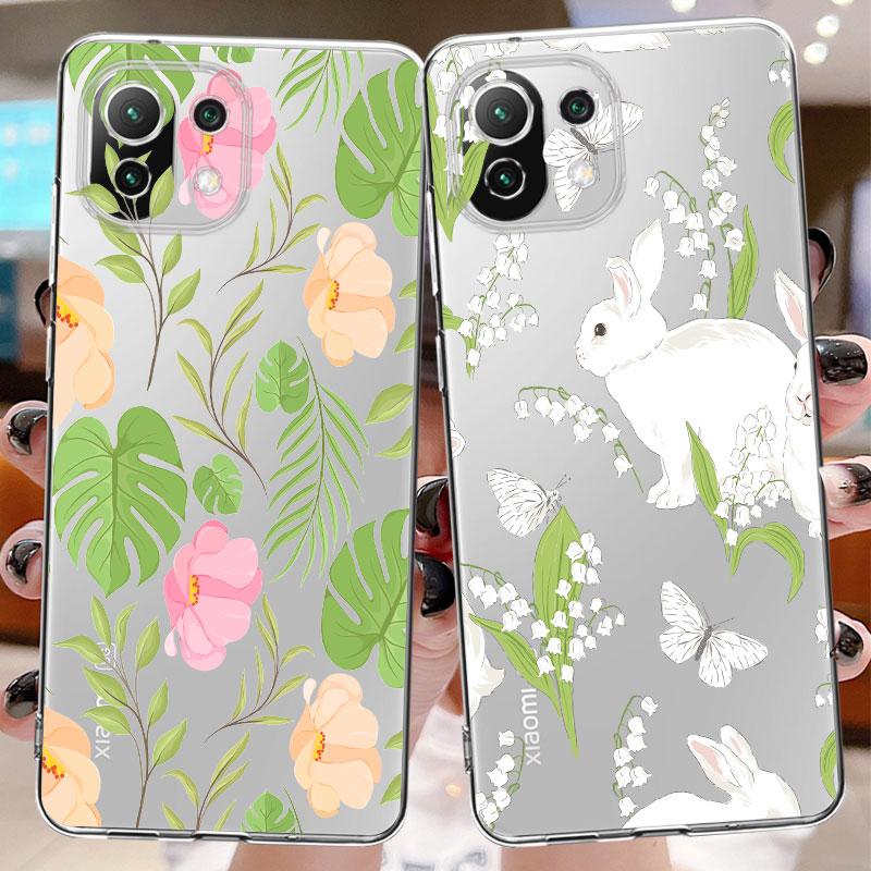 Cute White Rabbit Flower Floral Clear Case For Xiaomi Poco X3 Nfc X3pro M3 F1 F3 For Mi 11 12 13 11x 12x Pro 11 10 Lite 11t 10t