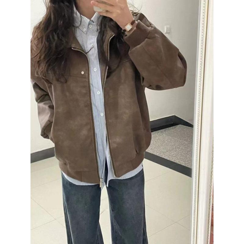 Women's Retro Brown PU Leather Lapel Jacket - Spring/Autumn 2025 Emotional Couple Style