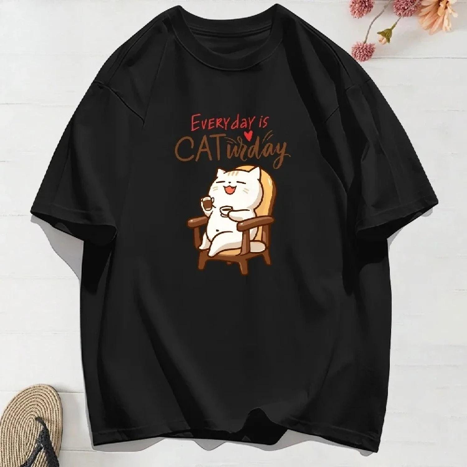 Summer T-shirts for Women Everyday Cat Widay Coffee Happy Cats Print Soft Round Neck T-shirts Casual Wear Women s Tops Graphic S чёрный