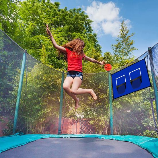 Trampoline Basketballkurv-tilbehør Innendørs Utendørs Trampoline Dobbel Kurvring med 4 Baller Pumpe Trampoline Basketballmål Spilltilbehør