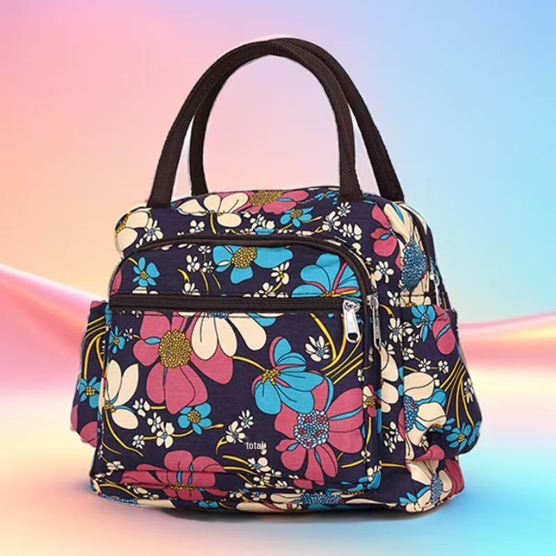 Floral Multi-Zipper Lunch Handbag: Oxford Cloth Mommy Bag with Mobile Pocket
