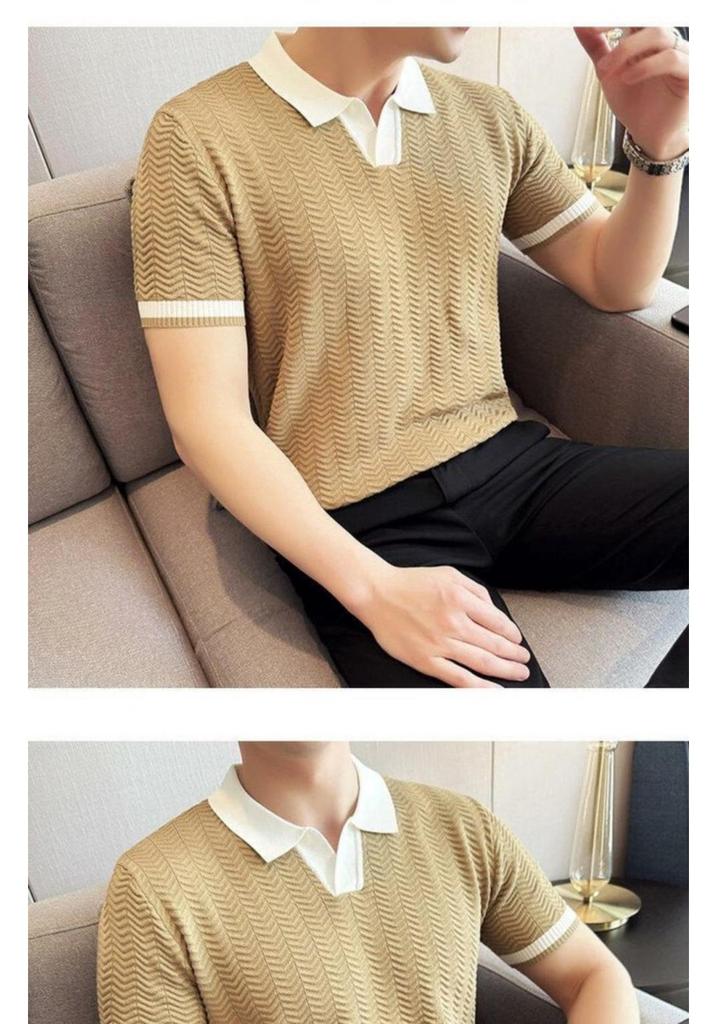 Men's Luxury Summer Jacquard Wave Pattern Polo Shirt - Short Sleeve Knit with Lapel and Color Block Design
