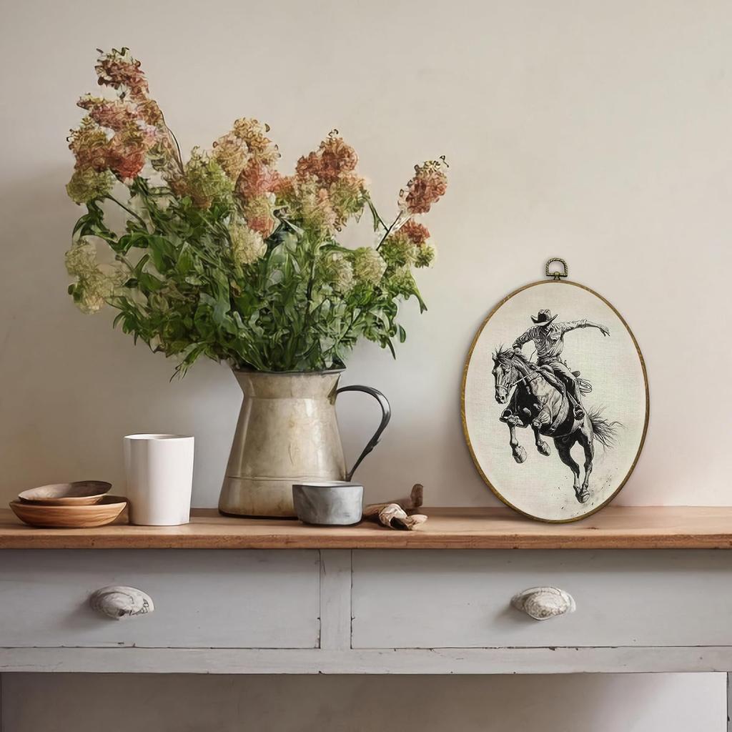 QZQE Vintage Western Cowboy Oval Wall Art Decor Framed, Rustic Country Cowboy Rodeo Oval Canvas Prints, Retro Western Horse Wall Hanging Decor for