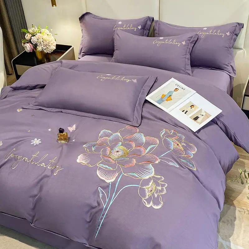 New Class a High Precision Cotton Brushed Embroidery Four-Piece Set Pure Cotton Bed Sheet Duvet Cover