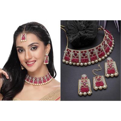 Adorable único y elegante collar de gargantilla de piedra rosa Rani tachonado con perlas para mujer