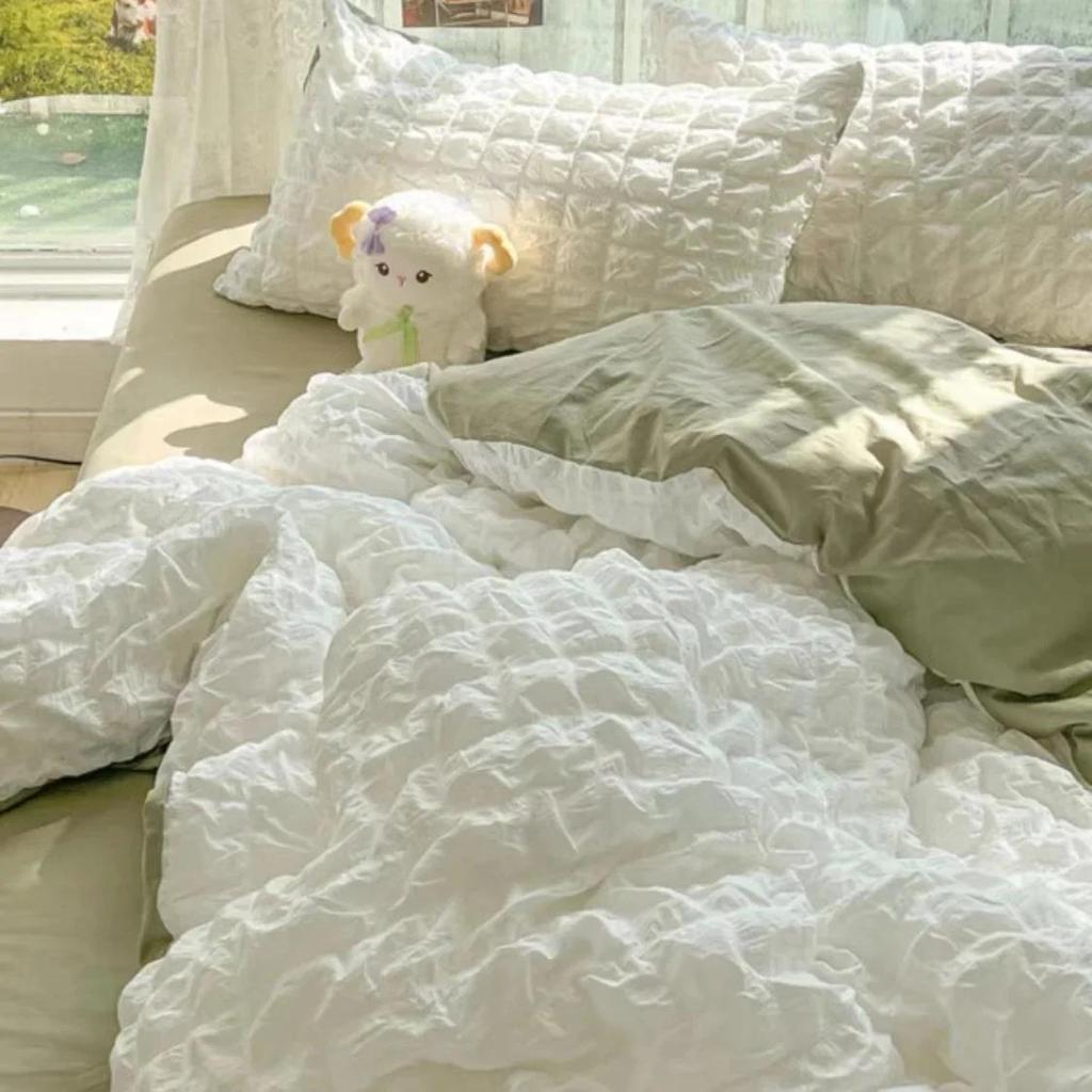 Juego de Ropa de Cama de Princesa Estilo Francés Algodón Lavado Color Sólido Seersucker Verano Suave Nuevo 2024 Juego de Sábanas Juego de Funda Nórdica