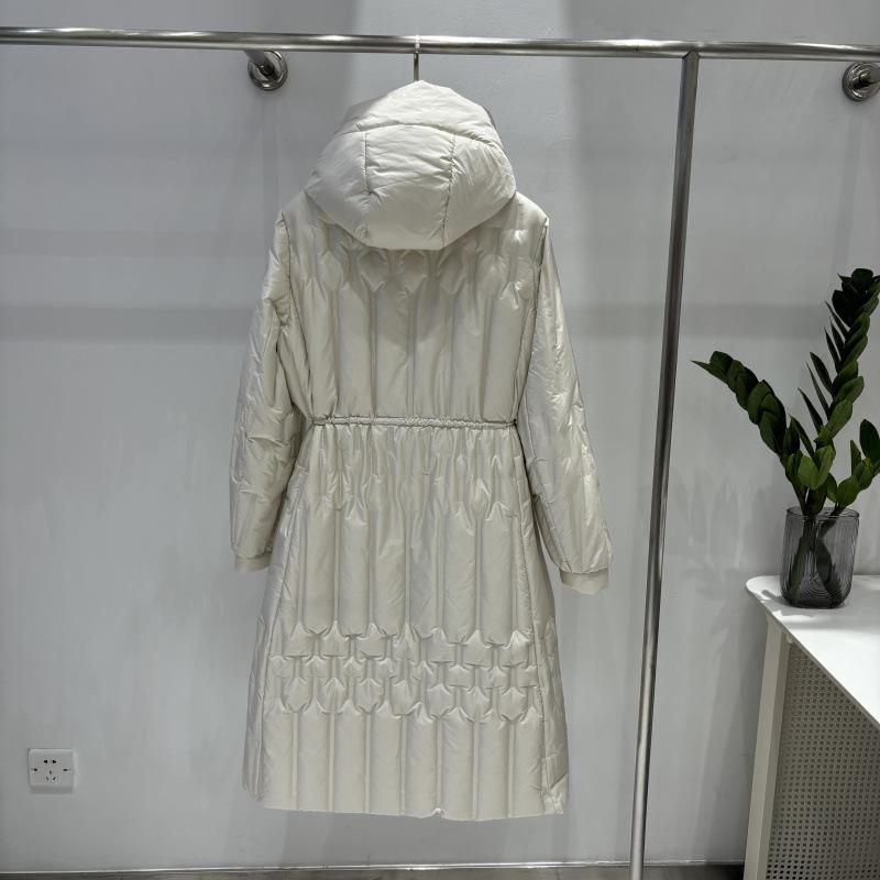 Autumn and winter European Station medium and thin stand-up collar white duck down pressed glue drawstring waist down jacket women's long coat