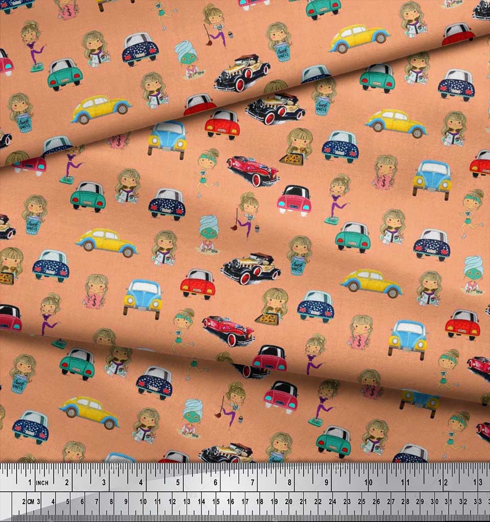 Soimoi Japan Crepe Satin Fabric Cartoon Girl & Car Transport Print Fabric by the Metre 42 Inch