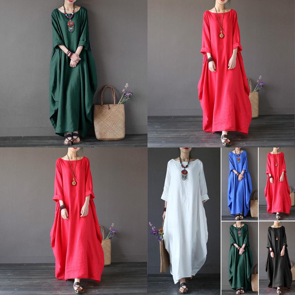 Timeless Design Usa Women Crew Neck Loose Cotton Baggy Maxi Dress Perfect For Summer Occasions