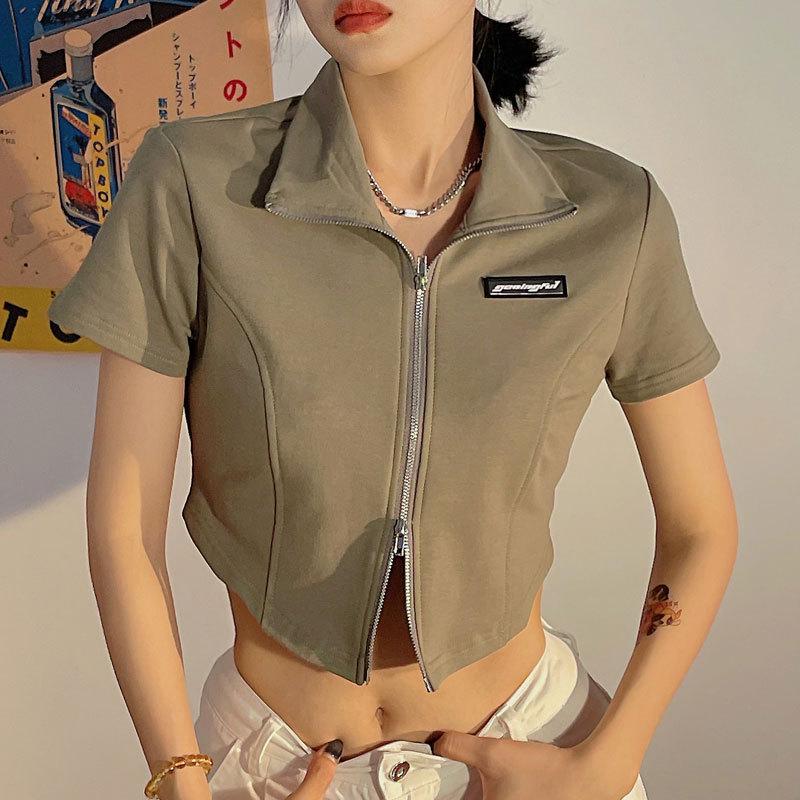 

American High Street Hot Girl Zippered Polo Collar Crop Top – Women s Summer High Waist Short Sleeve Shirt XL (for 100-110 jin) зелений