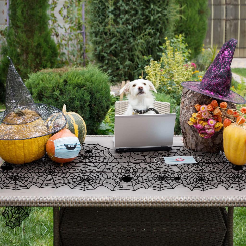 Halloween Tischläufer Spitze Spinnennetz Design mit Fledermaus- und Spinnenmustern 46x183cm Tischdecken-Dekoration für Party und Zuhause