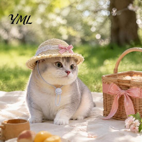 Summer Pet Sun Hat Cat Straw Hat, with Lace And Bow, Adjustable Protection Cute for Cats Small Dogs Outdoor Walks