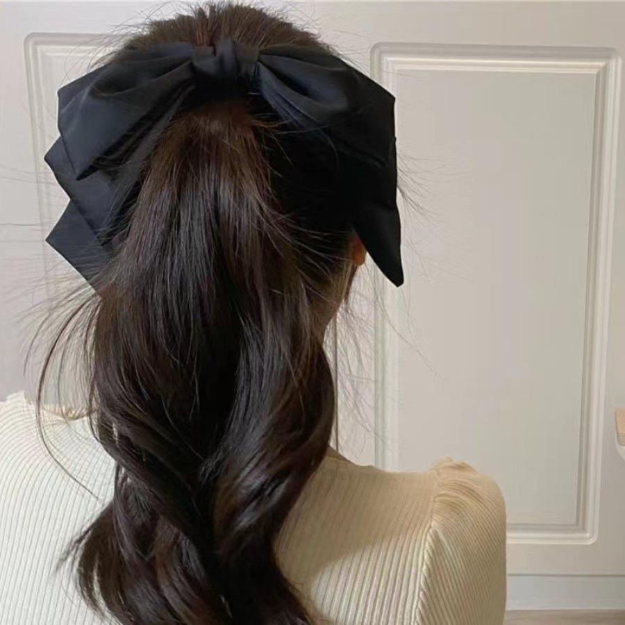 Korean-Style Satin Three-Layer Oversized Bow Hairpin with Ribbons, Perfect for Bun Hairstyles, Popular Hair Accessory with a Spring Clip