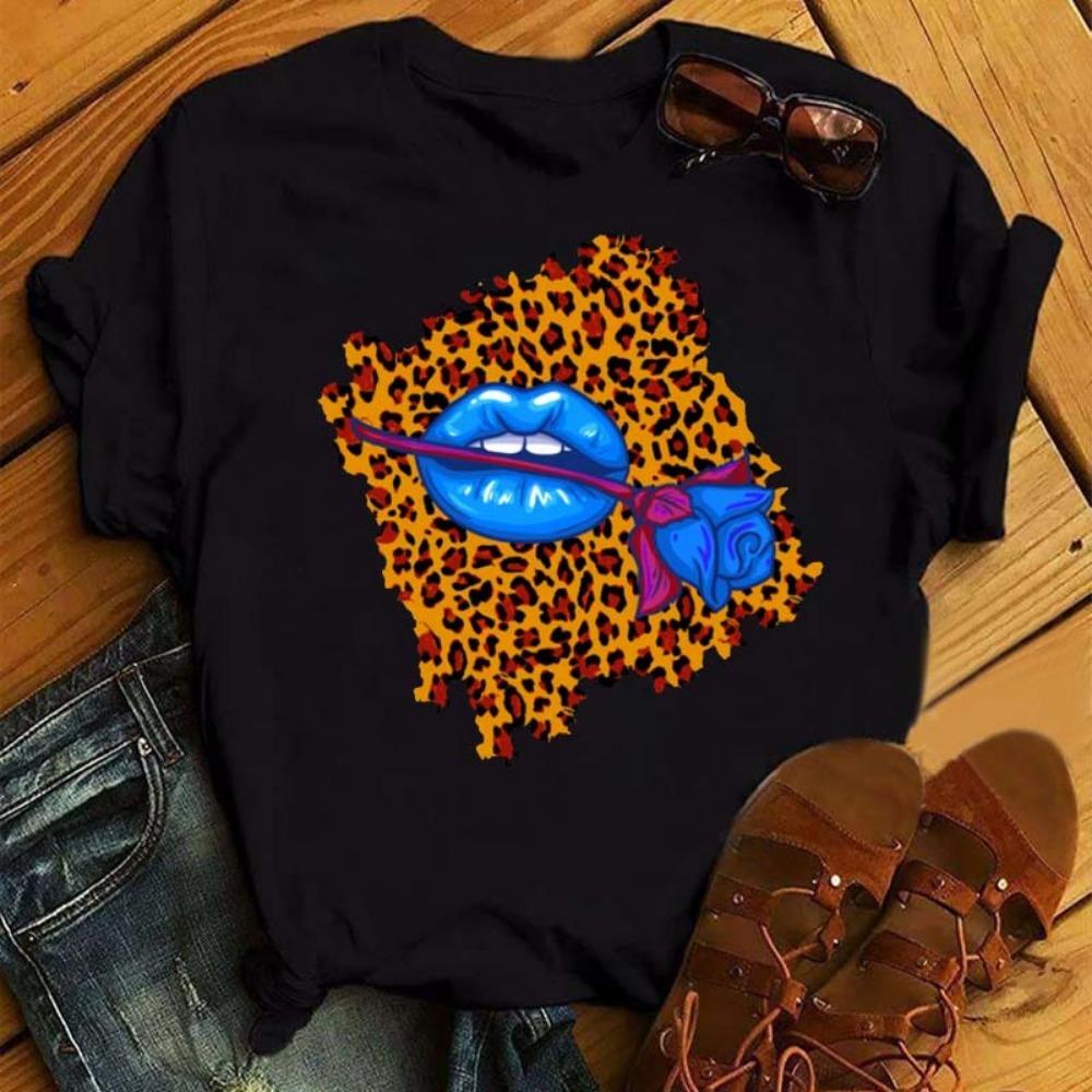 New Women Pink Lips Leopard Graphic T Shirt Casual Fahion O-neck Sexy Black Tees Kiss Lip Funny Girls Tshirt