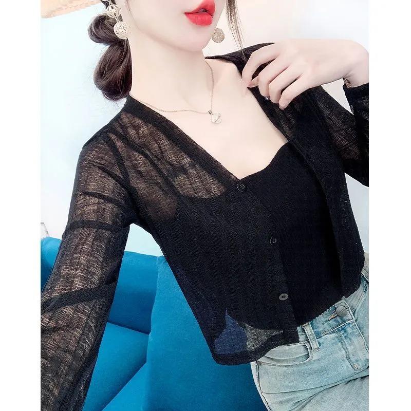 Women's Sheer Knit V-Neck Cropped Cardigan Cover Up