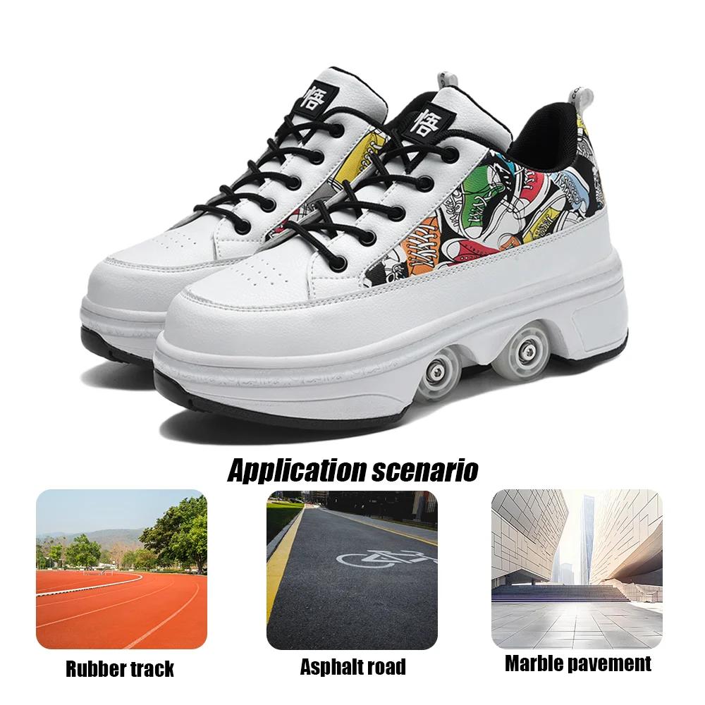 Boys Fashionable Outdoor Roller Skates Adult 4-Wheel Transformed Roller Shoes Unisex Kids Girls Casual Wheeled Sneakers
