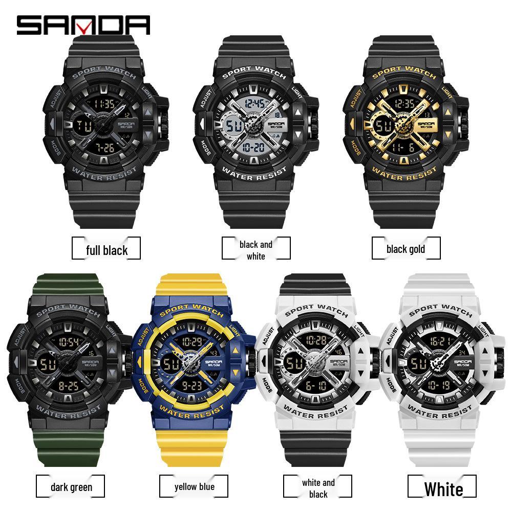 Sanda Men's Dual Display Waterproof Sports Watch: Multifunctional, Luminous, Fashionable, and Versatile for Outdoor Activities.