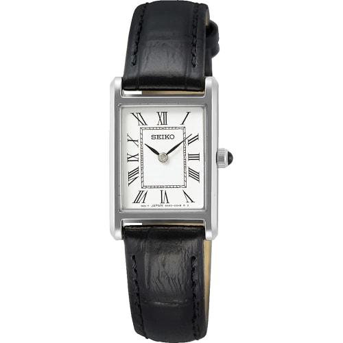 

Seiko Women s Square Design Quartz Watch SWR053 with White Dial and Black Leather Band