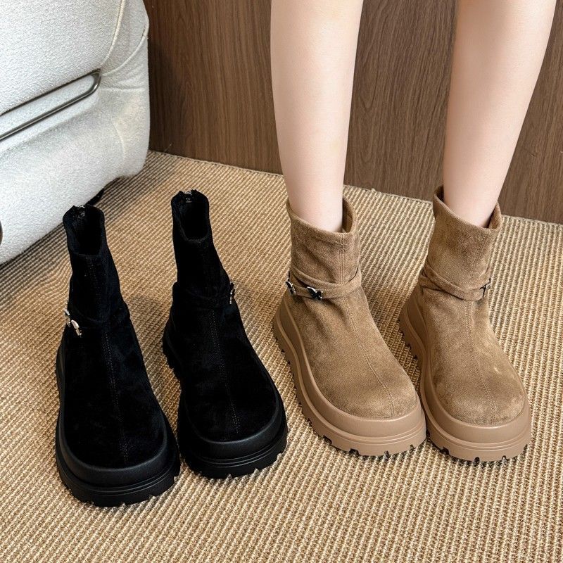 2025 Autumn New Round Head Thick Sole Heightening Short Martin Boots Women's Knight Boots Are Thin and the Zipper Is Super Foreign