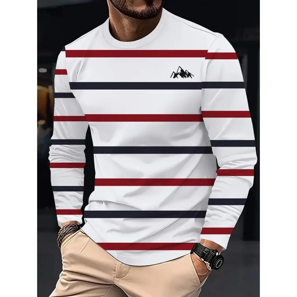 Fashionable Casual Long Sleeved T-shirt Soft Comfortable Vintage Creative Stripe 3d Printed Versatile Loose Men's T-shirt