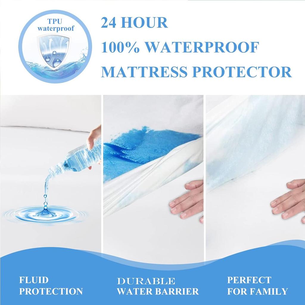 Waterproof Mattress Protector - Fitted with Stretchable Pockets - Machine Washable Cotton Mattress Cover for Bed - White