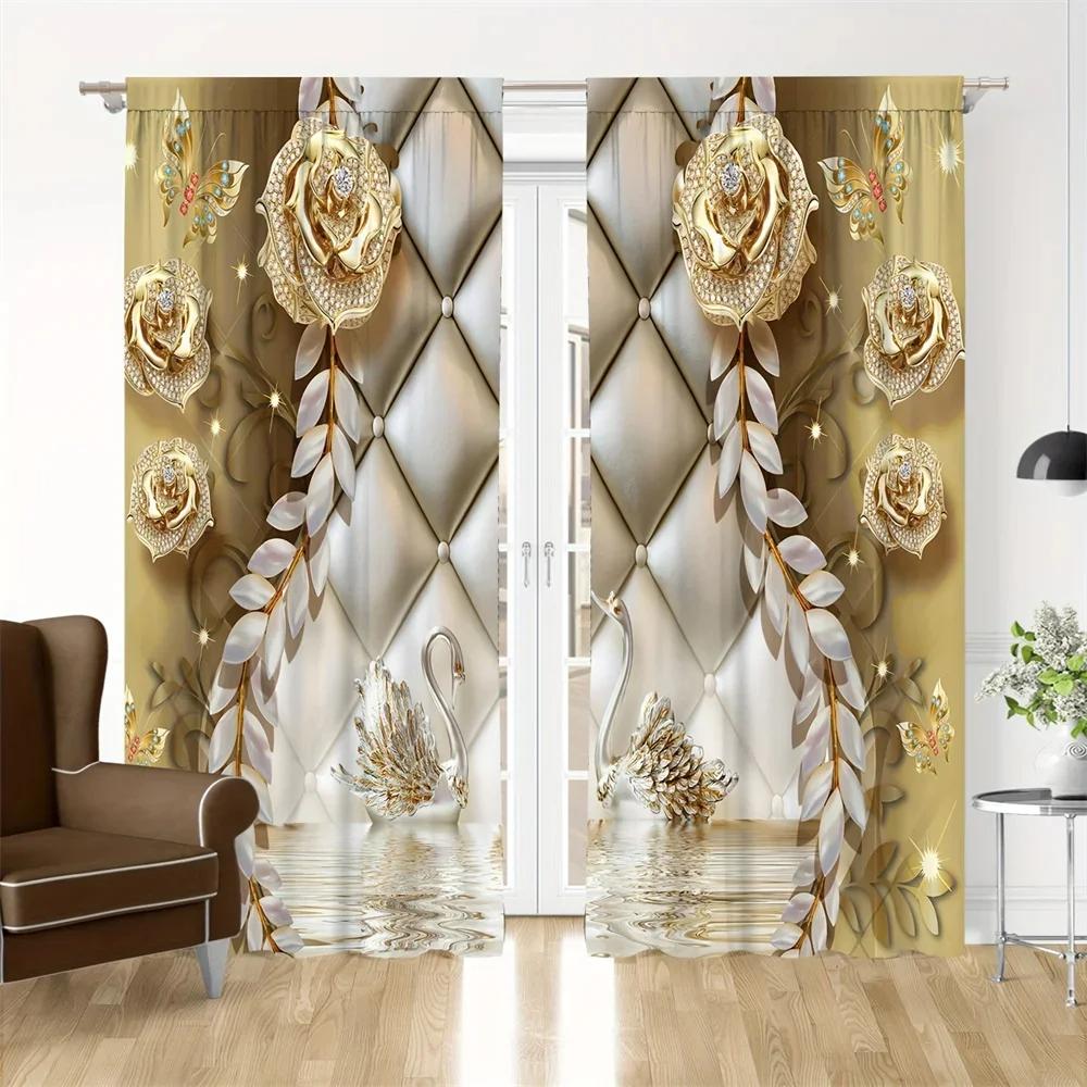 2pcs Golden Peacock Printed Polyester Fiber Chinese Style Curtains, Suitable For Bedroom Office Kitchen Living Room Study Hoom