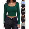 Women Solid Ribbed Slim Fit Cropped Long Sleeve Square Neck T Shirt