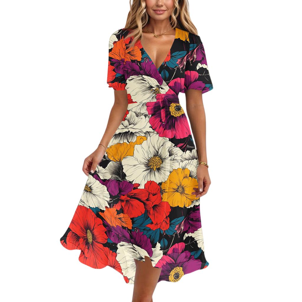 Women V Neck Short Sleeve Casual Dress Vintage Floral Print Midi Dress with Wrap Style and Flared Hem Suitable for Daily Wear