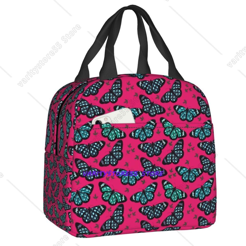 Custom Purple Colorful Butterfly Insulated Lunch Bags for Work School Waterproof Cooler Thermal Lunch Box Women Kids