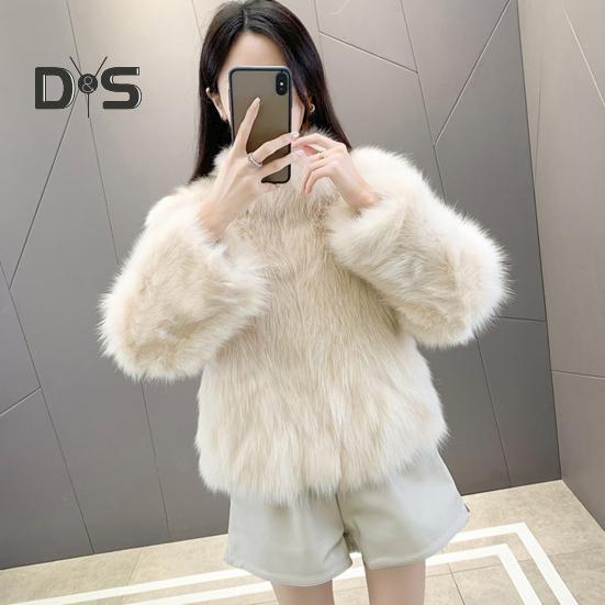 Auutmn Winter Lady Cardigan Coat Furry Plush Stand Collar Heat Retention Long Sleeves Thickened Short Type Solid Color Faux Fur Jacket