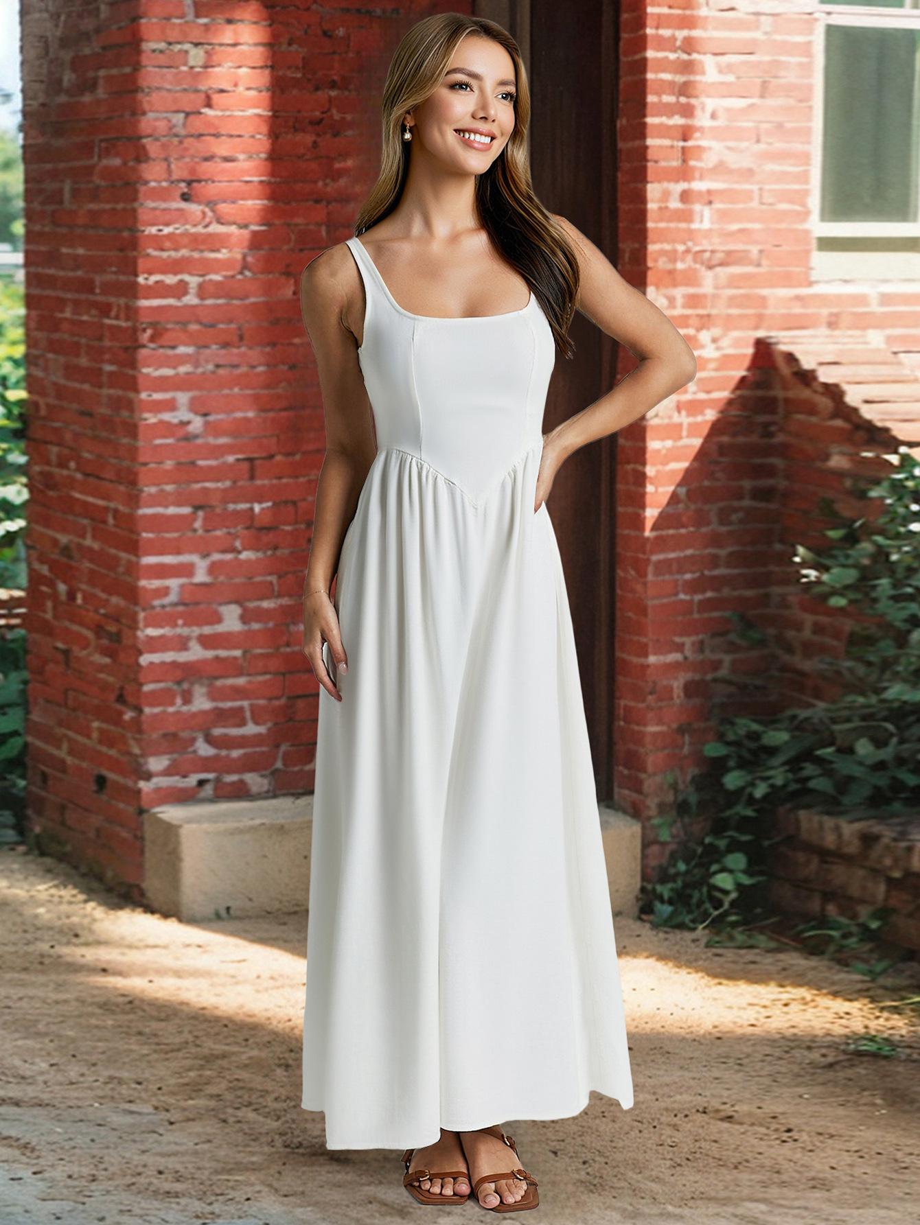 Summer women s dress, square neck vest, sling waist splicing long dress S белый