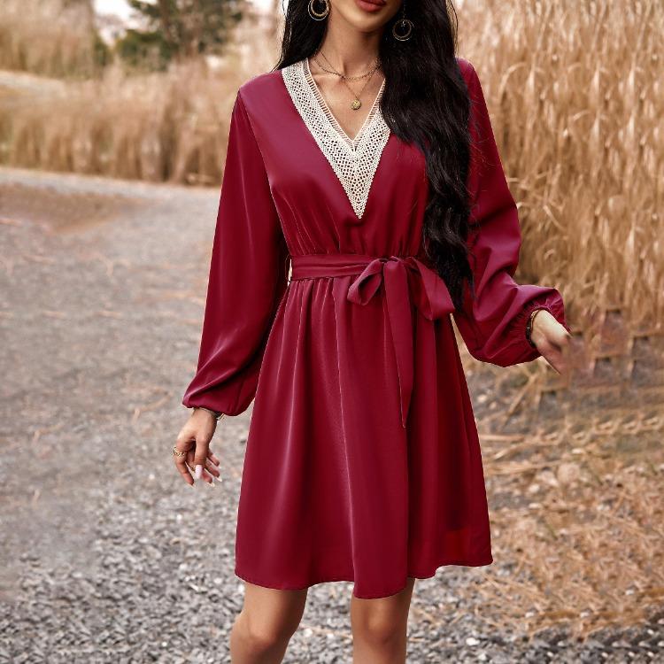 Elegant Women High Waist V Neck Lace Dress Long Sleeve Solid Fashion Mid Length Spring Autumn Dress