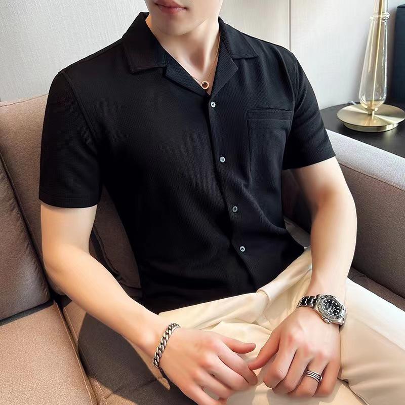 Men's Ice Silk Waffle Cuban Collar Short Sleeve Shirt - Lightweight Summer Casual Top