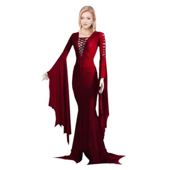 Women Halloween Dress Lace-up Slim Fit Irregular Ruffle Cuff Bell Sleeves Hollow Out Round Neck Solid Color Vampires Cosplay Performance Maxi Dress