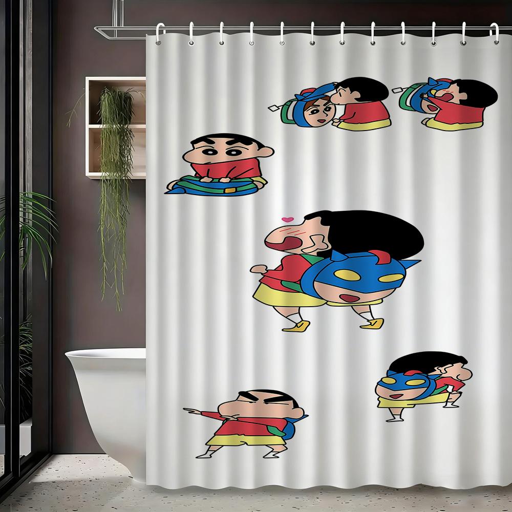 Crayon Shin-Chan Himawari & Pink Crocodile Toy Cartoon 2D Print Waterproof Shower Curtain, Minimalist White With Colorful Stars