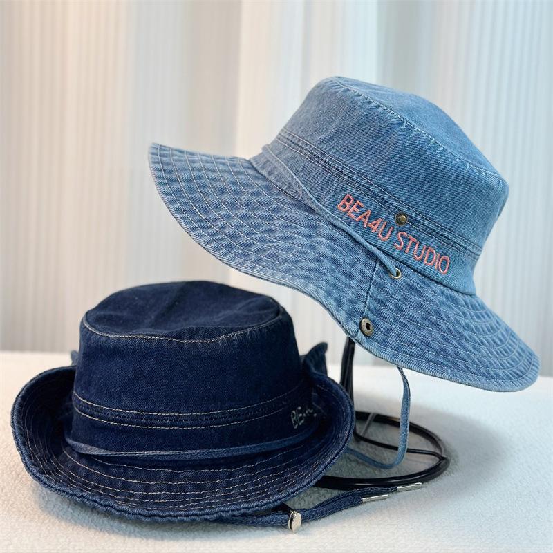 Women Denim Bucket Hat Solid Color Summer Sun Protection Hat Wide Brim Fisherman Cap for Outdoor Travel Beach