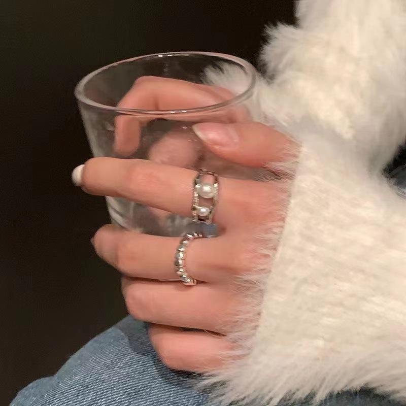 Pearl Irregular Plain Ring Double-Layer Ring Female Niche Design Simple Personality Index Finger Ring Opening Adjustable Ring