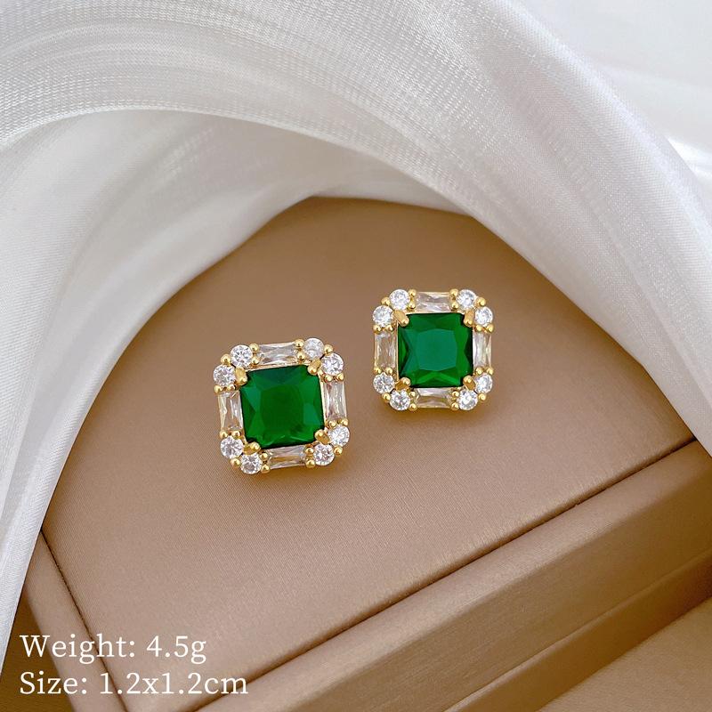 Necklace Earrings Set Light Luxury Full Of Diamonds Green Square Personality Temperament Banquet Earrings Item Group