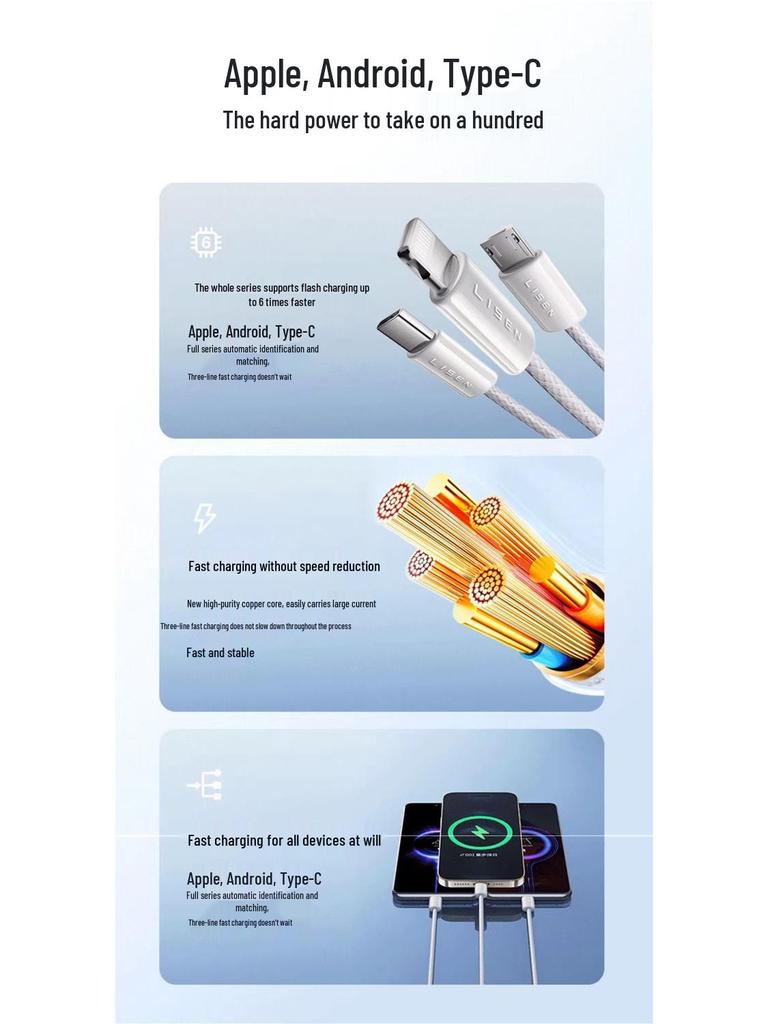 Fast Charging Multi-Head Data Cable: Three-in-One Charger Set