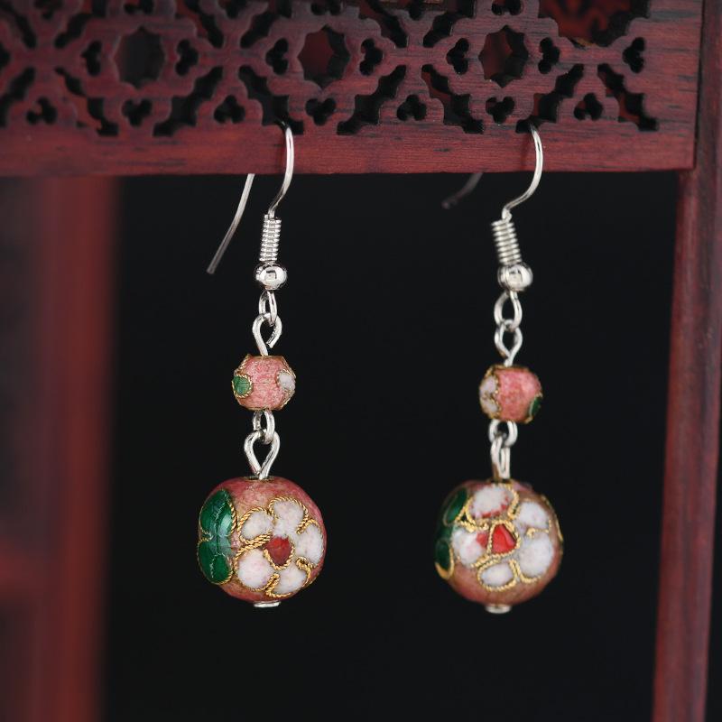 Chinese Cloisonne Retro Round Bead Earrings Handmade Silk Enamel Earrings Simple Antique Cheongsam Earrings Female 12mm