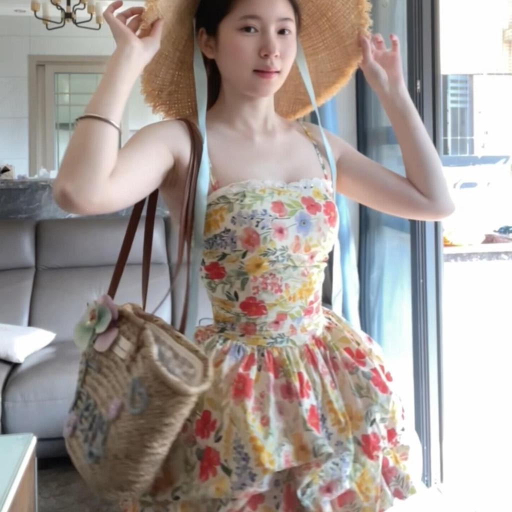 Dopamine Super Fairy Floral Suspender Dress Summer New Seaside Vacation Bud Waist Fluffy Short Skirt